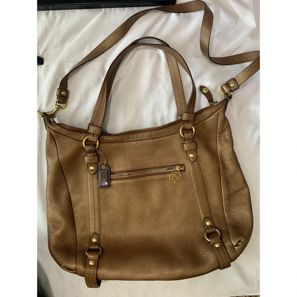 Coach Metallic Bronze Pebbled Leather Hobo Shoulder Bag Lilac Liner Brass HW#899